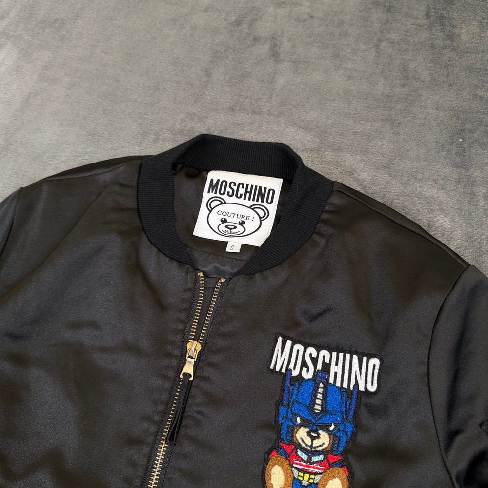 Moschino Transformers Bear Bomber Jacket Womens Small Black Satin Patch